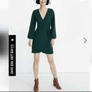 MADEWELL Dark Green Long Sleeves Wrap Mini Dress Size Small